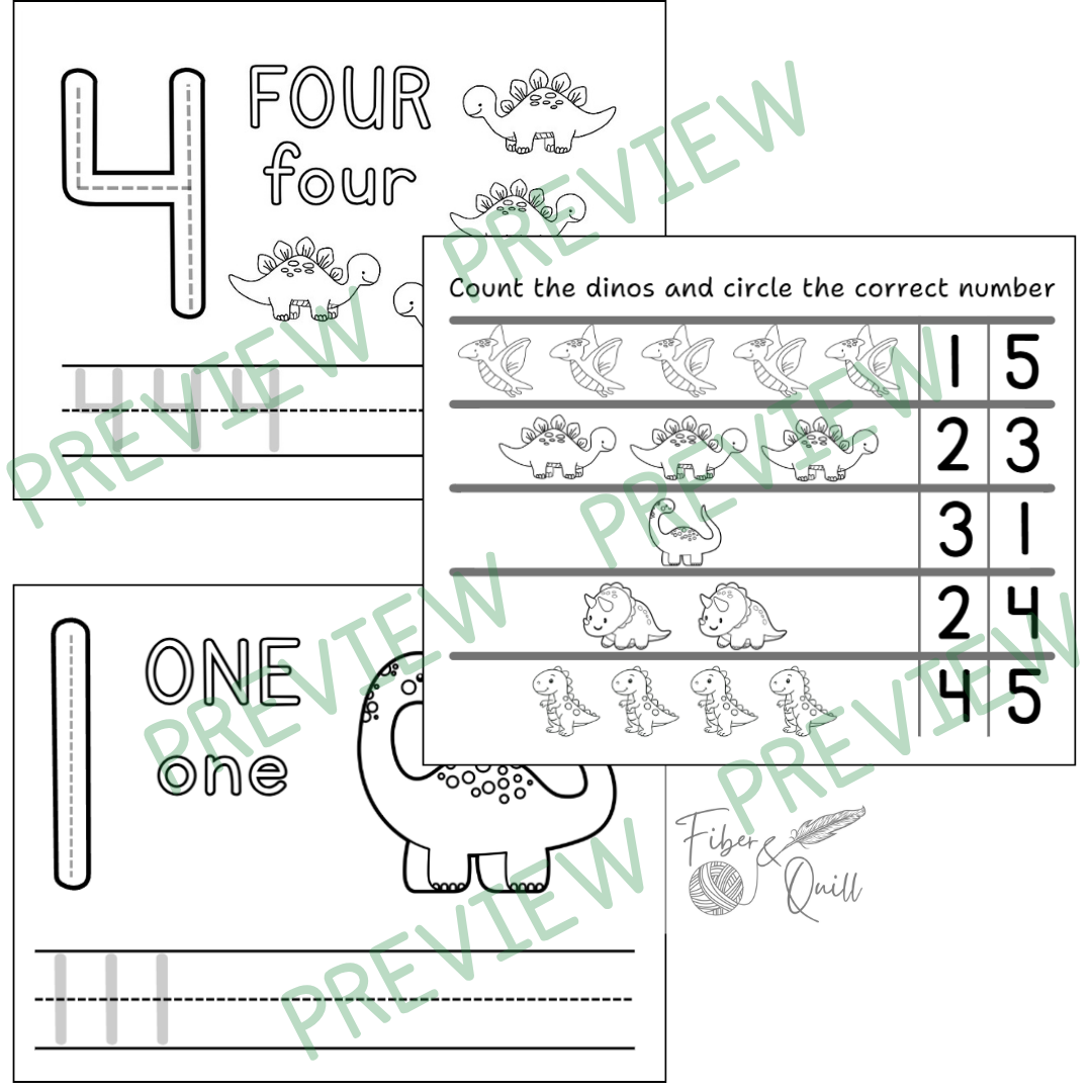 Preschool Number Fun Dinosaur Packet - Tracing, Counting, Matching (DIGITAL DOWNLOAD)